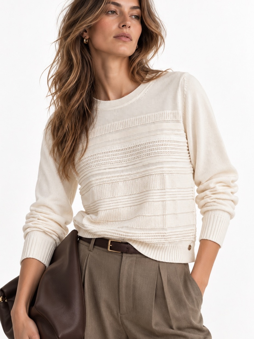 Loro Piana Silk Cotton Sweater Knit Ivory Textured Made in Italy Designer Luxury